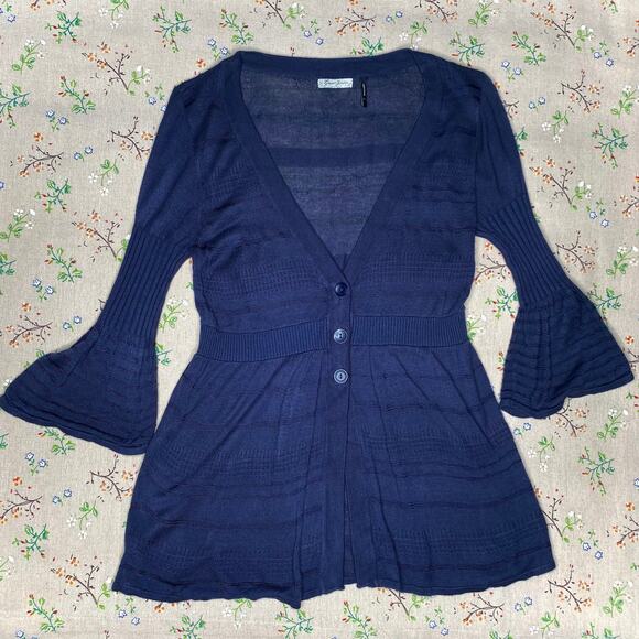 Y2K Guess Knit Cardigan Top Flare Sleeve Button Front Loose V Neck Navy Large - Picture 1 of 5